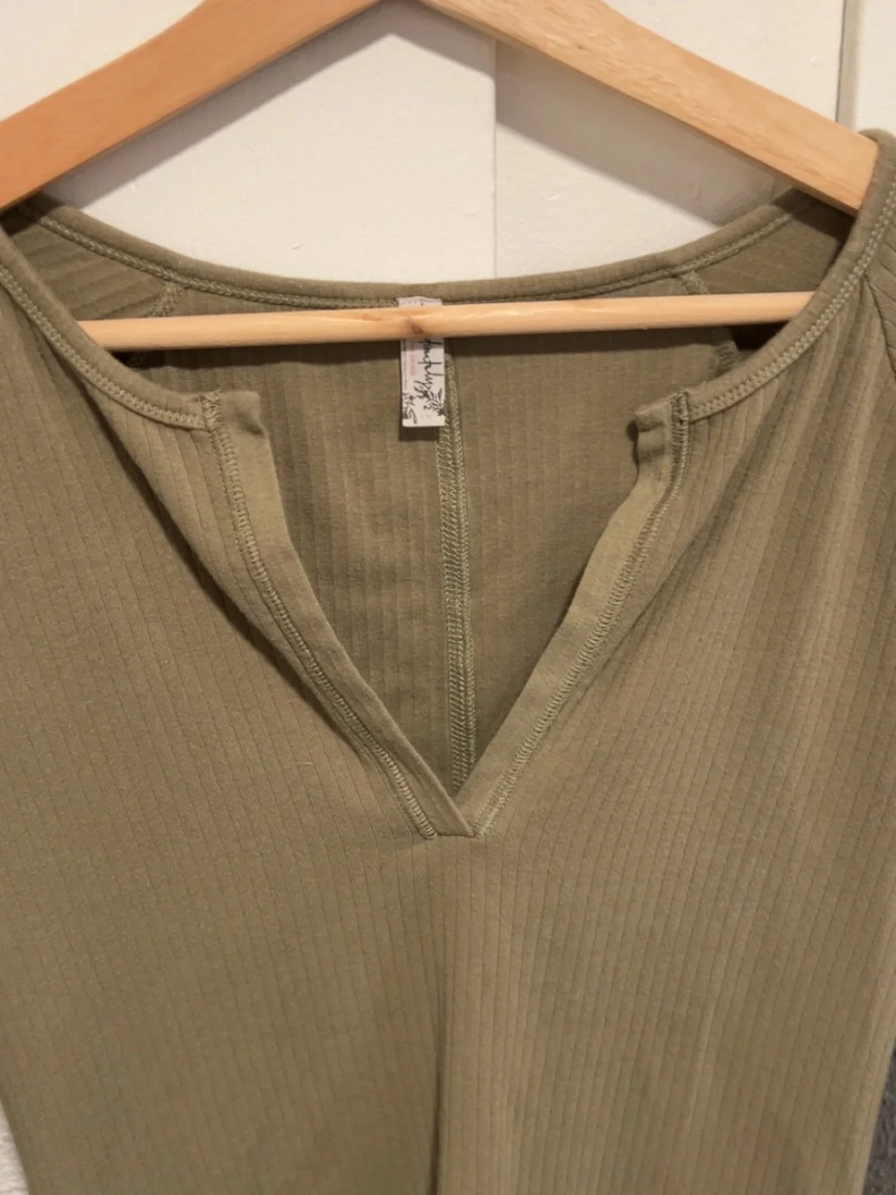 Free People Olive Ribbed Notch V-Neck Long Sleeve Top